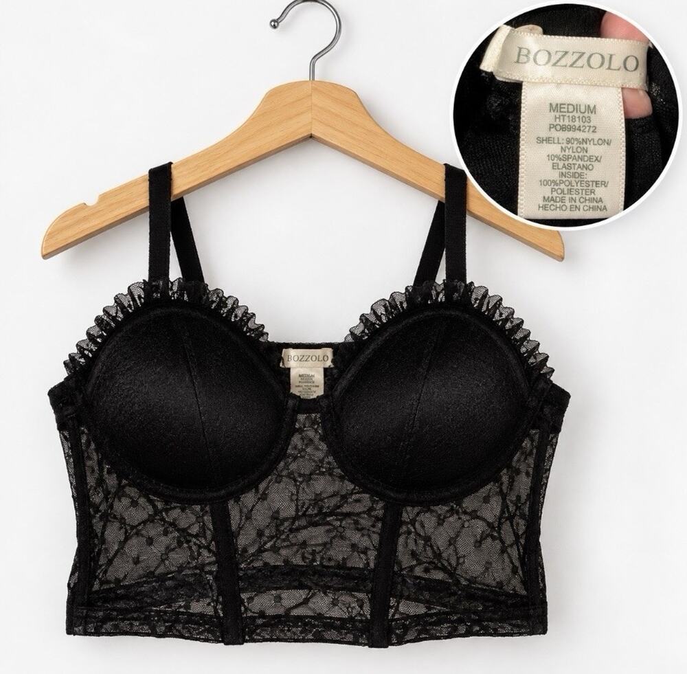 BOZZOLO Swiss Dot Lace Bralette Black Size Medium NWT Sheer Longline Bustier